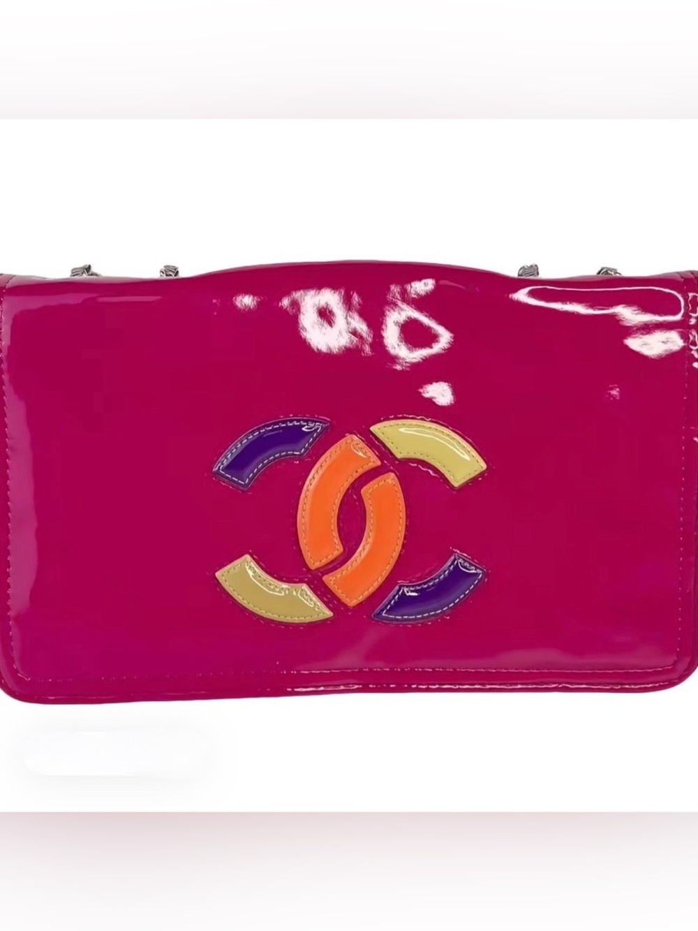 CHANEL Patent Hot Pink Crossbody Bag with Multicolor Interlocking CC